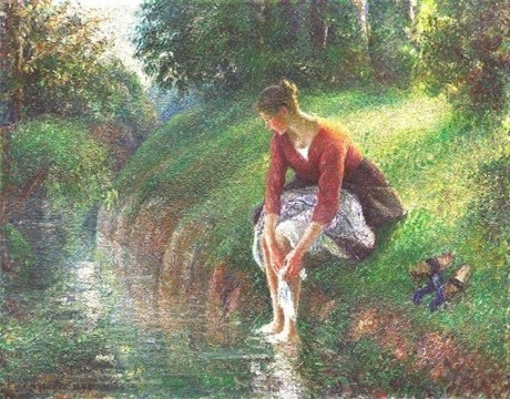 ピサロ「小川で足を洗う女」