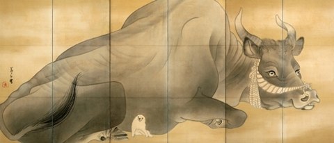 長澤蘆雪「白象黒牛図屏風」（左隻）
